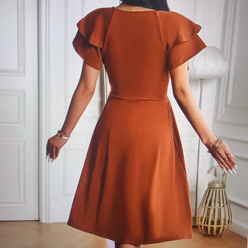 Elegant Rust Wrap V-Neck Midi Dress - Picture 5 of 5